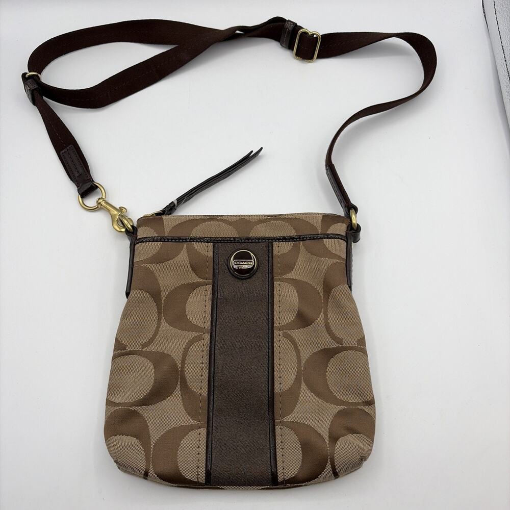 Coach Signature Stripe Swingpack bag tan brown Logo Crossbody